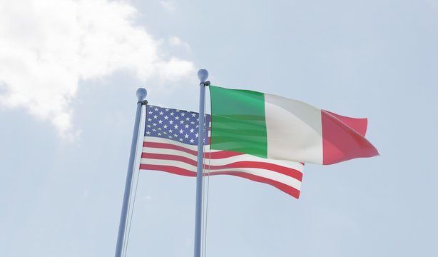 USA and Italy, two flags waving against blue sky. 3d image