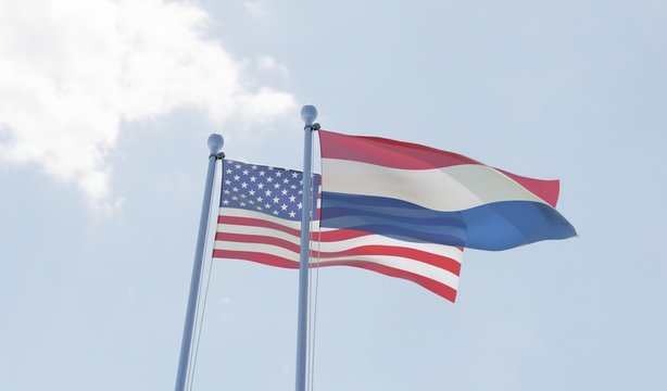 USA and Netherlands, two flags waving against blue sky. 3d image