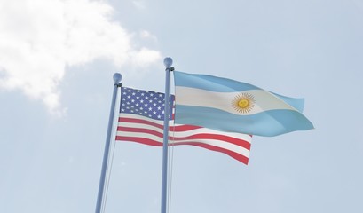 USA and Argentina, two flags waving against blue sky. 3d image