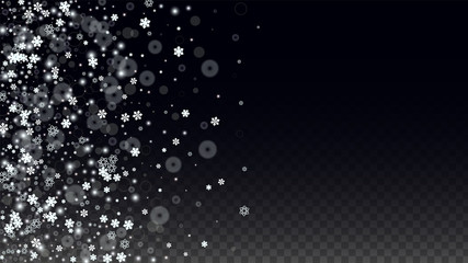 Christmas  Vector Background with White Falling Snowflakes Isolated on Transparent Background. Realistic Snow Sparkle Pattern. Snowfall Overlay Print. Winter Sky. Design for Party Invitation.
