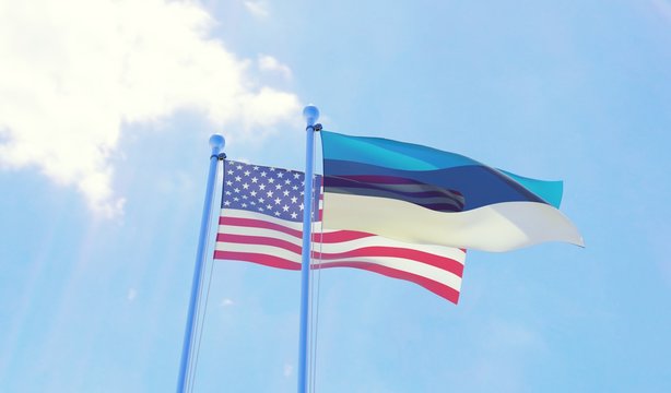 USA and Estonia, two flags waving against blue sky. 3d image