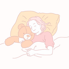 Girl hugging teddy in bed