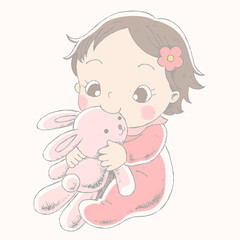 Baby with her pink rabbit
