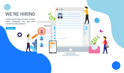 We are hiring and online recruitment concept with tiny people character suitable for landing page, template, mobile app, banner, template, vector illustration.