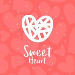 Vector illustration pattern with white hand drawn heart and many hearts on background. Happy Valentine`s Day greetings love card
