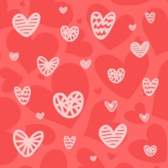 Valentine`s Day Vector illustration pattern with red pink hearts. Background romantic design for greeting cards and invitations
