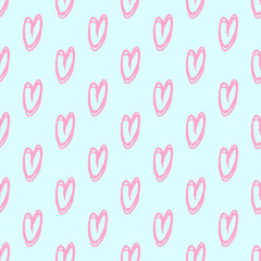 Hand drawn background with colored hearts. Seamless grungy wallpaper on surface. Abstract texture with love signs. Lovely pattern. Line art. Print for banner, flyer or poster. Colorful illustration