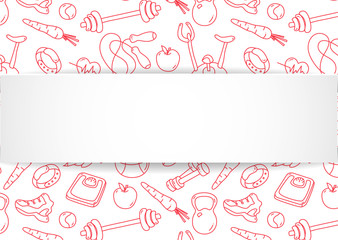 Fitness banner with hand drawn gym pattern and 3d paper plate. D