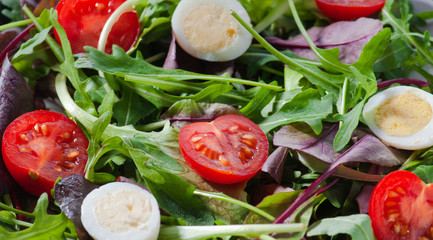 fresh salad fitness. with arugula leaves of beet quail eggs and tomatoes cherry.It is put on a white plate and a cake table