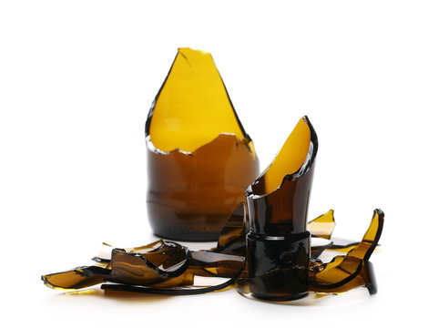 Glass shards, broken beer bottle isolated on white background, clipping path