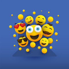 Naklejka premium Various Smiling Happy Yellow Emoticons in Front of a Laptop Computer's Screen, Vector Concept Design 