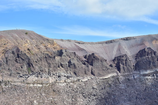 Horizontal view of edge and internal walls of Vesuvius volcano near Naples in Italy.