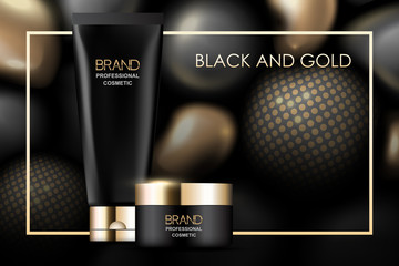 Black and gold cosmetics package on abstract background, realistic design, vector illustration