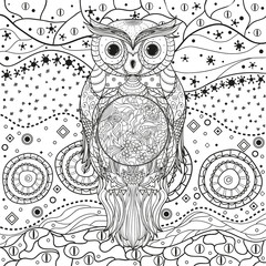 Mandala with owl on white. Zentangle. Hand drawn abstract patterns on isolation background. Design for spiritual relaxation for adults. Black and white illustration for coloring