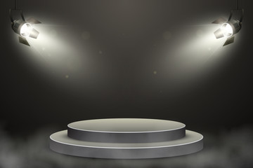 Round podium with backlight on abstract background with smoke, vector illustration