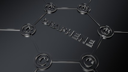 3D illustration of a graphene film, the formula of the nanostructures, atoms and symbols of carbon. Futuristic 3D background, scientific idea over the material. 3D rendering