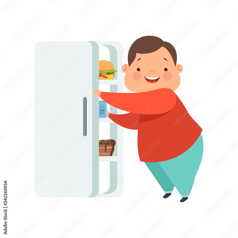 Sticker Overweight boy opening fridge with junk food, cute chubby child cartoon character vector Illustration on a white background