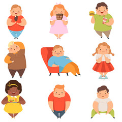 Overweight boys and girls set, cute chubby children cartoon characters eating fast food vector Illustration on a white background