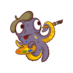 Funny purple octopus holding palette with paints and brush. Cartoon character. Marine animal. Vector icon