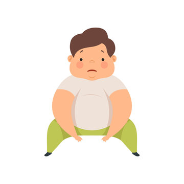 Cute overweight boy sitting on the floor, chubby child cartoon character vector Illustration on a white background