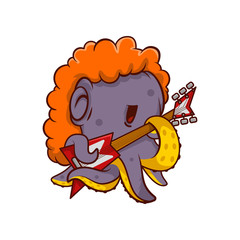 Purple octopus musician playing electric guitar. Humanized sea creature with tentacles. Cartoon vector icon
