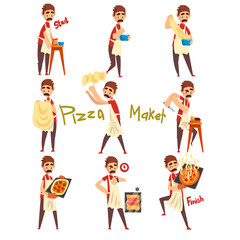 Stages of preparing pizza set, male chef kneading, tossing a dough, cutting vegetables and baking, pizza maker character vector Illustration