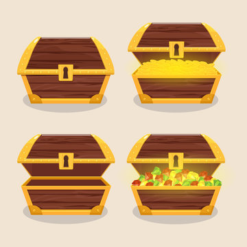Set of icons with cartoon closed and opened wooden pirate chests with diamonds and golden coins. Antique old Treasure chest.