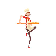 Chef carrying pizza on a stove shovel, pizza maker character, stage of preparing Italian pizza vector Illustration