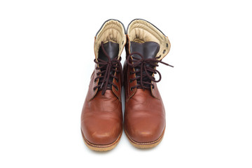 Male brown leather boot, footwear fashion isolated on white background.