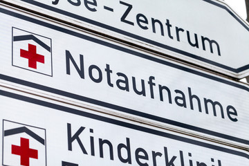 German accident and emergency department sign stands on a street. Notaufnahme is the german word...