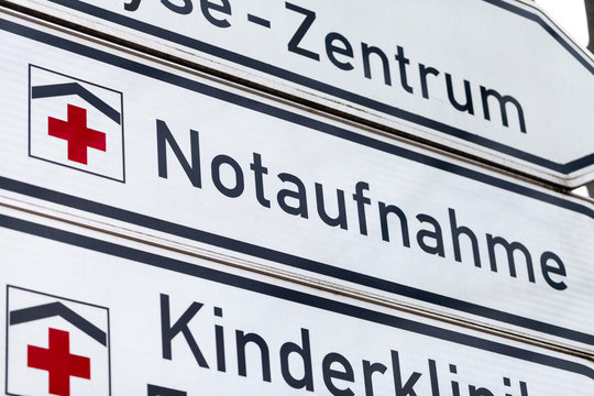 German accident and emergency department sign stands on a street. Notaufnahme is the german word for accident and emergency department.