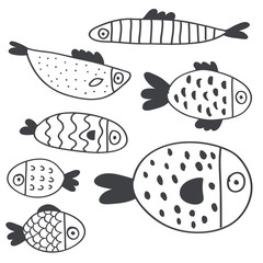 Cute handdrawn fish set isolated on white