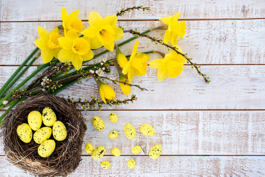 Easter background with colorful eggs in a nest over white wooden rustic table - copy space