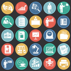 Business icons set on color circles black background for graphic and web design, Modern simple vector sign. Internet concept. Trendy symbol for website design web button or mobile app