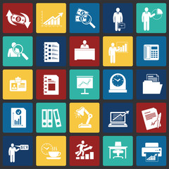 Business icons set on color squares background for graphic and web design, Modern simple vector sign. Internet concept. Trendy symbol for website design web button or mobile app
