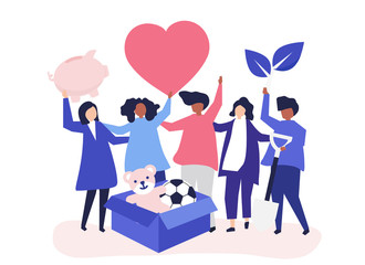 People volunteering and donating money and items  to a charitable cause