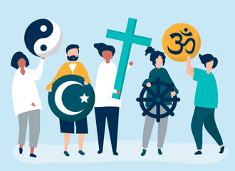 People holding diverse religious symbols illustration - obrazy, fototapety, plakaty