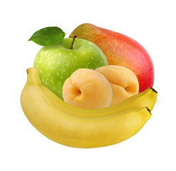 isolated fruits: banana, green Apple, apricots, mango.