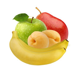 bunch of isolated fruits: banana, green Apple, apricots, pear.