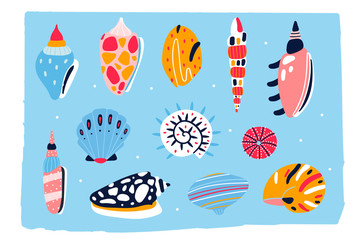 Hand drawn various seashells. Colored vector set. Blue background. All elements are isolated