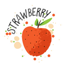 Vector hand draw strawberry illustration. Red strawberries with juice splash isolated on white background. Textured strawberry with splashes, juice tropical berry with word Strawberries on top. Fresh