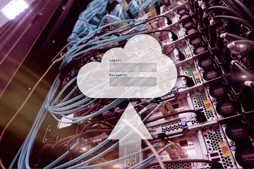Cloud storage, data access, login and password request window on server room background. Internet...
