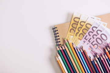set of wooden colorful pencils on notebook near euro banknotes on white background