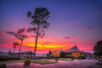 The scenery beautiful colorful sky and sky twilight sunset with restaurant at Silverlake vineyard, Thailand.