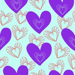 Hand drawn hearts in doodle style, vector seamless pattern with blue background. Cute line art heart element. 