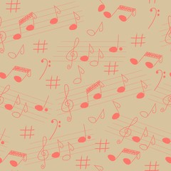 Cute musical vector seamless pattern, monochromatic hand drawn pink elements on bright neutral background. Cute music notes, bass key, clef, sheet music. 