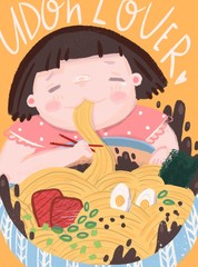 Udon lover. Cute girl eats noodles with chopsticks. Tasty udon bowl. Noodles with eggs and meat. Hand drawn colored illustartion