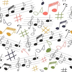 Cute musical vector seamless pattern, colorful hand drawn pink elements on bright neutral background. Cute music notes, bass key, clef, sheet music. 