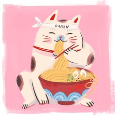 Maneki neko with ramen. Japanese cat eats noodles. Hand drawn colored illustartion. Pink background