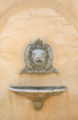 Antique wash basin with a stoned lion head and vessel sink on concrete wall.